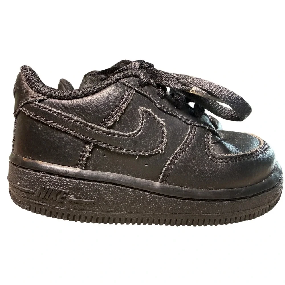 Nike Air Force 1 Crib Toddler‎ Shoes Black Leather Lace Up Size 6.5C Sneakers